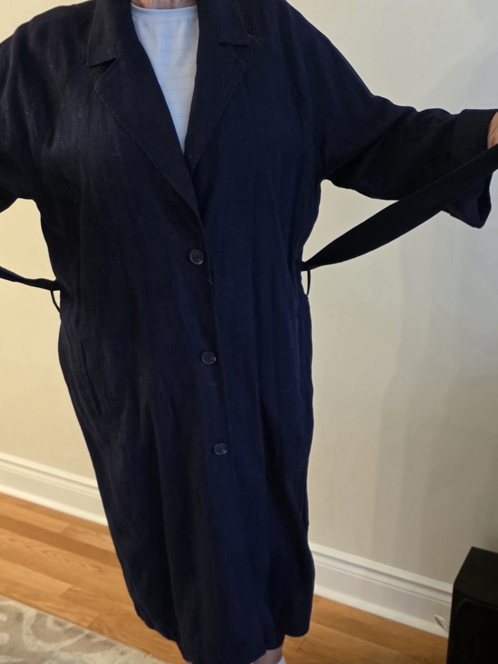 Women's Light-Weight Navy Long Linen Blend Trench Coat